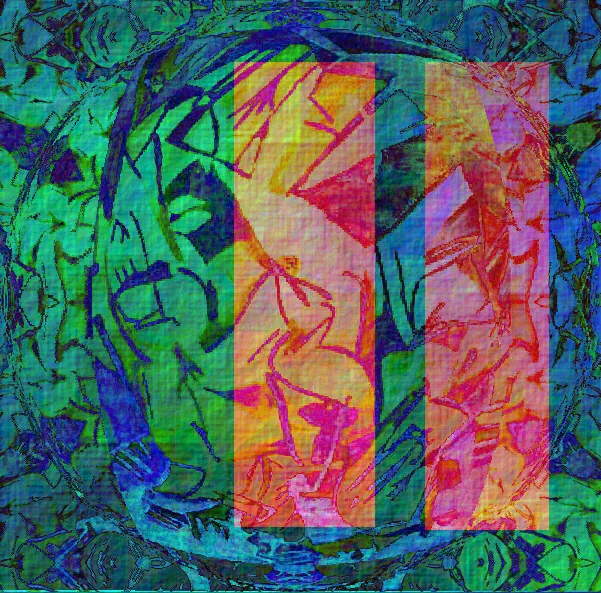 Digitale Grafik: eine kreisrunde Fläche aus dicht verschlungenen blaugrünen Linien, Bögen und Figuren; darüber liegen drei senkrechte Bänder in Orange, Rosa und Rot, in denen die darunterliegenden Formen warm eingefärbt erscheinen.