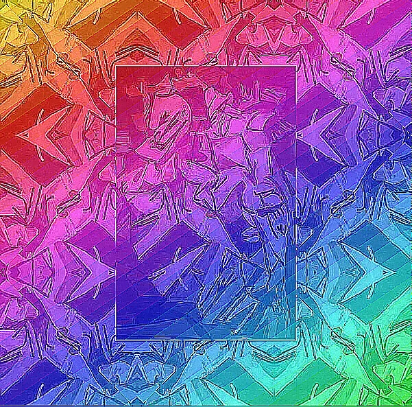 Digitale Arbeit: ein spiegelsymmetrisches Muster aus kantigen, pfeilartigen Formen, das von Gelb und Orange oben links über Rot und Magenta in der Mitte zu Blau, Türkis und Grün unten rechts läuft; in der Bildmitte liegt ein aufgehelltes Rechteck mit dünnem Rand über dem Muster.