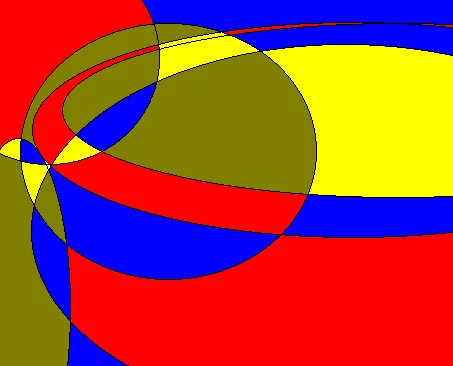 Digitale Grafik aus flachen, hart begrenzten Farbflächen: vor rotem Grund liegt eine große olivgrüne Ellipse, darunter zieht ein blaues Band quer durchs Bild, rechts steht eine gelbe Fläche; die Formen sind mit dünnen dunklen Linien umrandet, überlagern sich und wechseln in den Überschneidungen die Farbe.