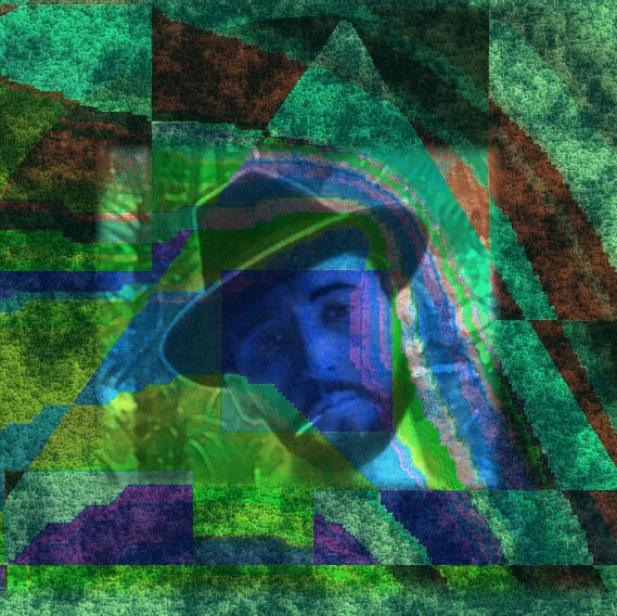 Digitale Collage im Quadrat: das Brustbild eines bärtigen Mannes mit breitkrempigem Hut, das Gesicht tiefblau, die Augen deutlich erkennbar; darüber liegen halbdurchsichtige Rechtecke und zwei große Dreiecke in Grün, Türkis, Violett und Rostrot, der Hintergrund besteht aus grob gerasterten grünen Flächen.