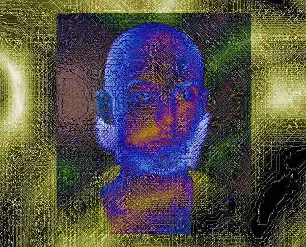 Digital verfremdetes Porträt: ein kahler Kopf frontal, das Gesicht blau und violett, über Mund und Kinn ein orangegelber Fleck, die ganze Fläche von feinen Punkt- und Strichmustern zerlegt. Der Kopf sitzt in einem Rechteck vor dunkelgrünem Grund, das auf einem olivgelben Hintergrund mit schwarzen Schlieren und zwei hellen Lichtflecken links und rechts liegt.