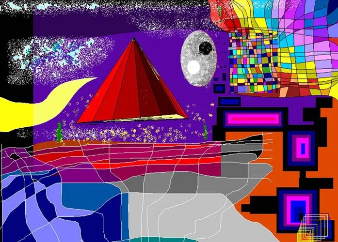 Digitale Collage: vor violettem Grund steht eine große rote Pyramide mit heller Kante, rechts daneben eine graue Scheibe mit einem schwarzen Kreis darin, links ein gelbes Band und ein weiß gesprenkeltes schwarzes Feld. Rechts oben ein buntes Kachelraster mit geschwungenen Farbbändern, rechts unten ein oranges Feld mit magentafarbenen Rechtecken, im Vordergrund waagerechte graue, blaue und rote Streifen mit weißen Linien.
