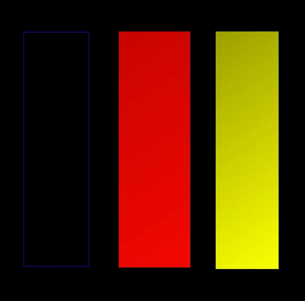 Digitale Grafik auf schwarzem Grund: drei hochkant stehende Rechtecke nebeneinander. Das linke ist schwarz und nur von einer dünnen blauen Linie umrissen, das mittlere ist flächig rot, das rechte verläuft von dunklem Oliv oben zu leuchtendem Gelb unten.