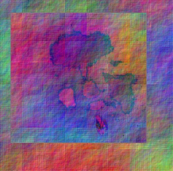 Digitale Arbeit: eine grob gewebte, schillernde Fläche in Rosa, Blau, Grün und Gelb; darüber liegt ein aufgehelltes Quadrat, auf dem dunkelblaue und violette Flecken mit ausgefransten Rändern eine zusammenhängende, inselartige Form bilden; unten in der Mitte ein kleiner rot-oranger Fleck.