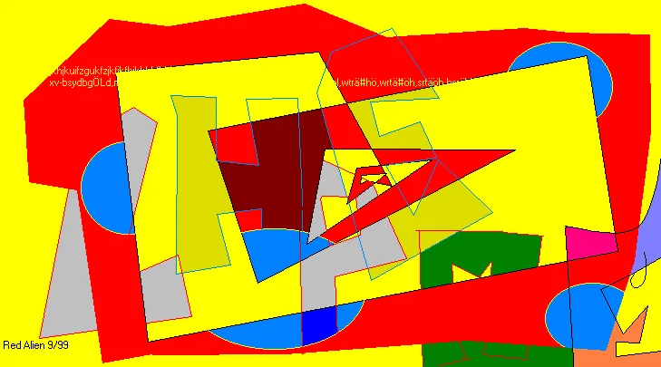 Grelle Vektorgrafik auf gelbem Grund: große rote, graue und olivgrüne Vielecke überlagern einander, an den Rändern blaue Kreissegmente, in der Mitte ein dunkelroter Fleck und ein langgezogenes rotes Dreieck wie ein Pfeil; oben laufen zwei Zeilen aus zusammenhanglosen Buchstaben und Sonderzeichen quer über das Bild, unten links steht klein und rot eine Signatur.