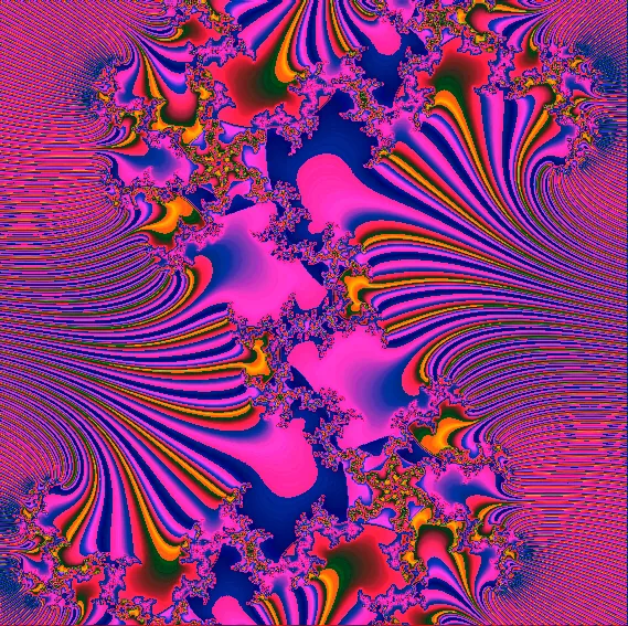 Quadratisches, computergeneriertes Fraktalbild: aus der Bildmitte strahlen fächerförmige Bündel gebogener Linien in Magenta, Blau, Orange und Grün nach außen; dazwischen wachsen fein verästelte, sich immer kleiner wiederholende Ranken vor dunkelblauen und pinkfarbenen Flächen, zu den Rändern hin werden die Linien so fein, dass sie flimmern.