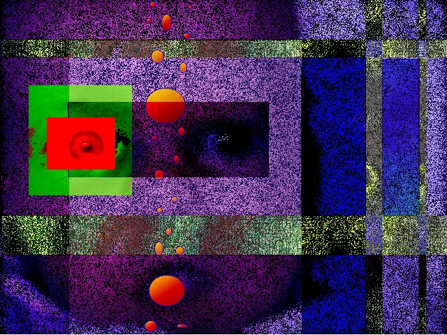 Digitale Collage: eine violett verrauschte Fläche, in der unten ein stark unscharfes Auge und ein Stück Gesicht zu erkennen sind, darüber ein dunkles Rechteck mit einem weiteren schattenhaften Auge. Links liegen ein grünes und ein rotes Rechteck übereinander, rechts stehen blaue senkrechte Bänder, waagerecht laufen olivgelbe Streifen, und in der Mitte fällt eine Reihe orangeroter Kugeln von oben nach unten.