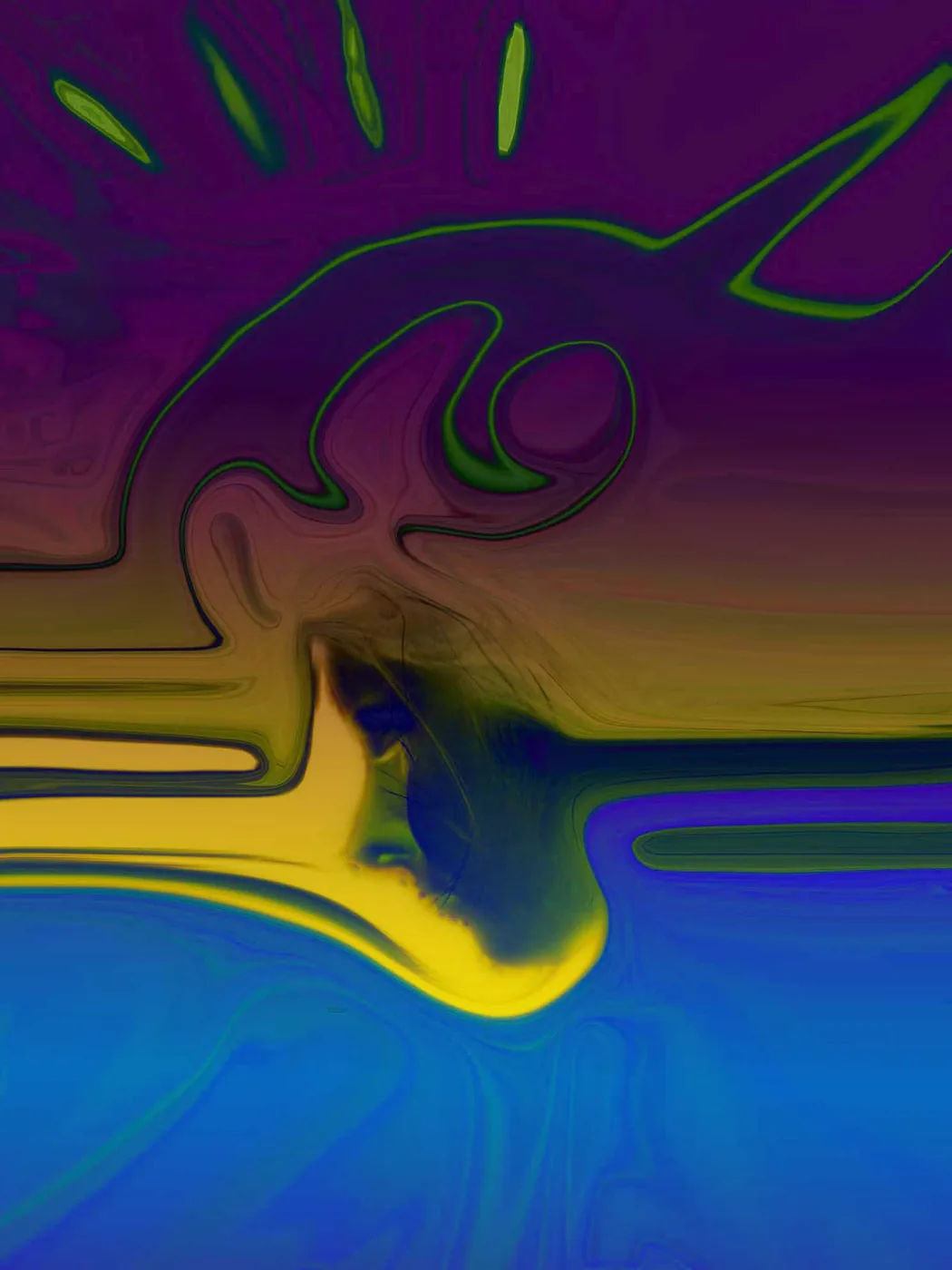 Digitale Arbeit im Hochformat: ein bis zur Unkenntlichkeit verzogenes Gesicht — oben ein violettes Feld mit geschwungenen grünen Linien und einzelnen schmalen grünen Strichen, in der Mitte gelbe und braune Schlieren, aus denen ein Auge hervortritt, unten geht alles in leuchtendes Blau über.