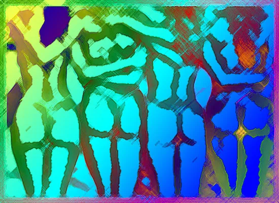 Vier stehende Aktfiguren von hinten, in breiten Pinselstrichen gemalt; zwei von ihnen haben die Arme erhoben. Der Grund geht von Gelbgrün links über Türkis in tiefes Blau rechts über, die Umrisse der Körper sind hell abgesetzt, der Bildrand ist rosa.