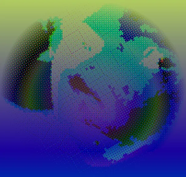 Digital bearbeitetes Bild einer Weltkugel, aufgelöst in ein grobes Punktraster: die Landmassen erscheinen grün und blaugrün, die Meere violett und dunkelblau, der Rand der Kugel läuft ins Schwarze. Der Hintergrund verläuft von gelbgrün oben zu tiefem Blau unten.