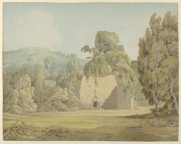 Blasses Aquarell: ein hoher Mauerrest mit dunklem Torbogen steht in einer weiten Wiese, dicht mit Efeu und Buschwerk überwachsen; links und rechts Baumgruppen, im Hintergrund ein blaugrüner Hügel.