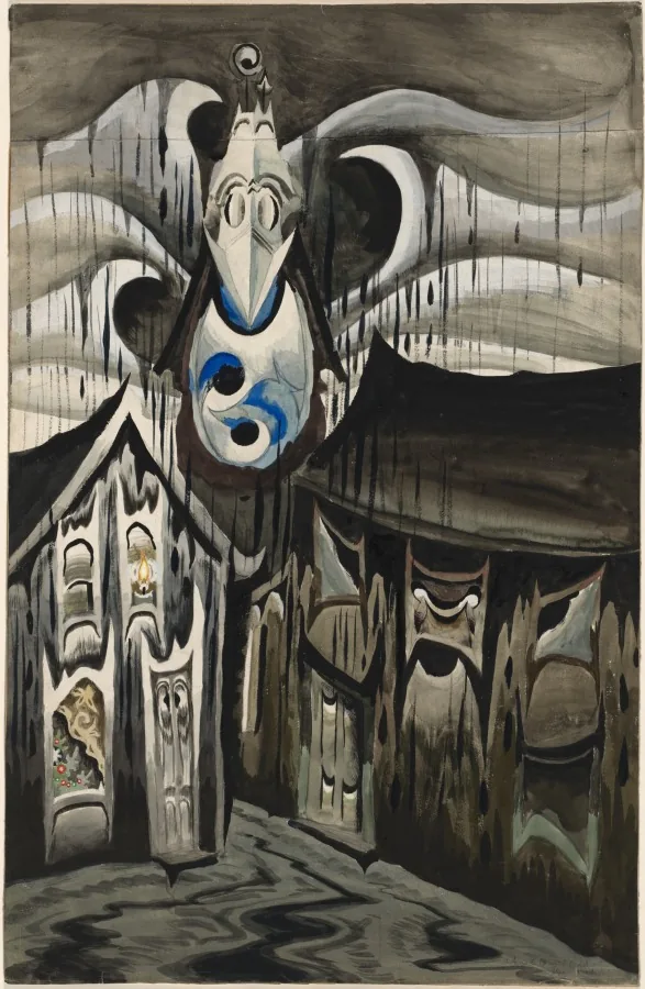 Aquarell in Grau, Schwarz und Weiß: eine dunkle Kirche bei Nacht im Regen. Über dem spitzen Turm schwebt eine große helle Form mit zwei runden Augenflecken und blauen Wirbeln darin. Senkrechte Regenstriche ziehen über das ganze Blatt, unten glänzt die nasse Straße.