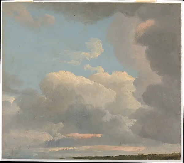 Ölstudie: über einem schmalen dunklen Landstreifen ein blauer Himmel, quer darüber ein Band heller Quellwolken, rechts eine große graue Wolkenwand; dicht über dem Horizont ein rosa beleuchteter Streifen.