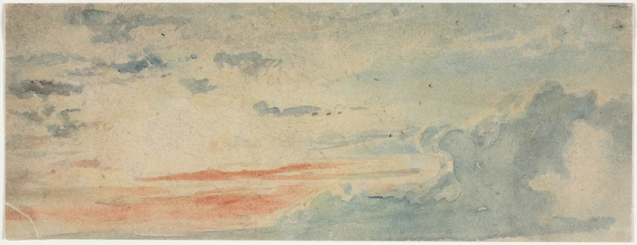 Aquarell auf getöntem Papier: ein sehr breiter, flacher Himmelsstreifen mit blassblauen und grauen Wolken, darunter mehrere rötliche Bänder dicht über dem Horizont.