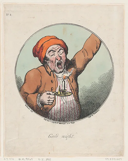 Kolorierte Karikatur in einem Kreis: ein Mann mit roter Zipfelmütze gähnt mit weit aufgerissenem Mund, hebt einen Arm und hält einen Leuchter mit brennender Kerze; darunter steht „Good night“.
