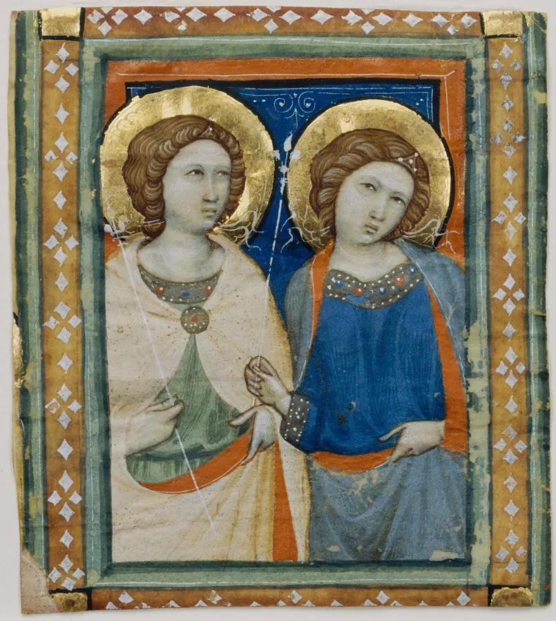 Buchmalerei auf Goldgrund: zwei Frauengestalten mit goldenen Heiligenscheinen stehen dicht nebeneinander, die eine in cremefarbenem, die andere in blauem Gewand, umgeben von einer gemusterten Bordüre.