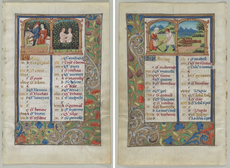 Zwei Blätter aus einem Stundenbuch nebeneinander: Kalenderspalten mit Heiligennamen in roter und blauer Schrift, darüber kleine Bilder mit Reitern und mit zwei Personen bei der Feldarbeit, ringsum gemalte Ranken und Blüten.
