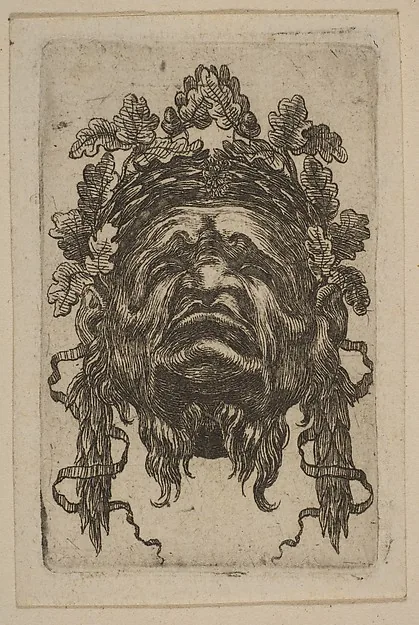 Radierung einer Maske: ein Gesicht mit weit aufgerissenem Mund und hochgezogenen Brauen, umkränzt von Eichenlaub und flatternden Bändern.