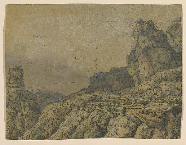 Gedruckte Landschaft in Oliv- und Blautönen: zerklüftete Felshänge, dazwischen ein schmaler terrassierter Absatz mit kleinen Feldern; links im Dunst ein einzelner Felsturm.