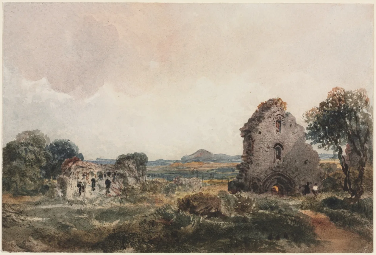 Aquarell: in einer weiten flachen Landschaft stehen zwei Ruinengruppen, rechts eine hohe Giebelwand mit Rundbogentor, davor kleine dunkle Figuren.