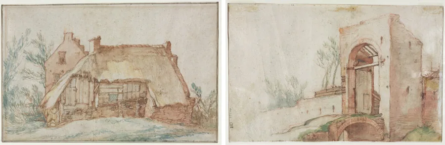 Zwei Federzeichnungen mit Wasserfarbe nebeneinander auf einem hellen Blatt: links eine Kate mit durchhängendem Strohdach, gemauerter Giebelwand und zwei Schornsteinen, davor Gebüsch; rechts ein hoher Backsteintorbogen mit offenstehendem Holztor in einer niedrigen Mauer, daneben eine kleine gemauerte Brücke über einen Graben und dünne Bäume.