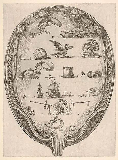 Kupferstich in Schildform, gefüllt mit Bildzeichen: Vögel, Fässer, Schiffe, eine Waage.