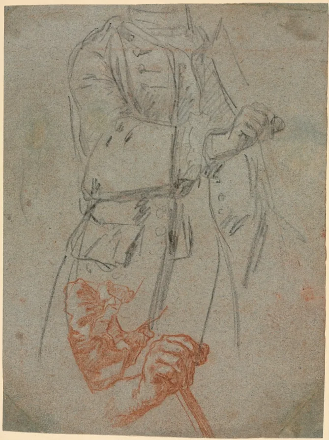 Kreidestudie auf graublauem Papier: der Rumpf einer Gestalt in langem, geknöpftem Rock mit Gürtel, ein Arm angewinkelt, die Hand zur Faust geschlossen; darunter noch einmal in Rötel eine Hand mit gerüschter Manschette, die einen schräg nach unten laufenden Stock umfasst.