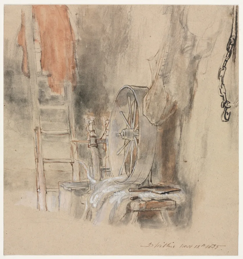 Studie in Kreide und Aquarell auf braunem Papier: eine Leiter lehnt links an der Wand, daneben ein großes Speichenrad über einem Gestell, rechts hängt eine Kette herab; der Hintergrund verliert sich im Dunkeln.