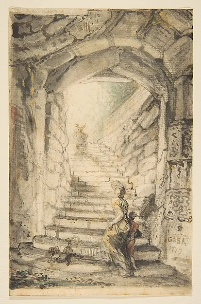 Feder und Aquarell: eine steinerne Treppe steigt durch einen groben Gewölbebogen ins Helle; unten rechts stehen zwei Gestalten dicht an der Wand.