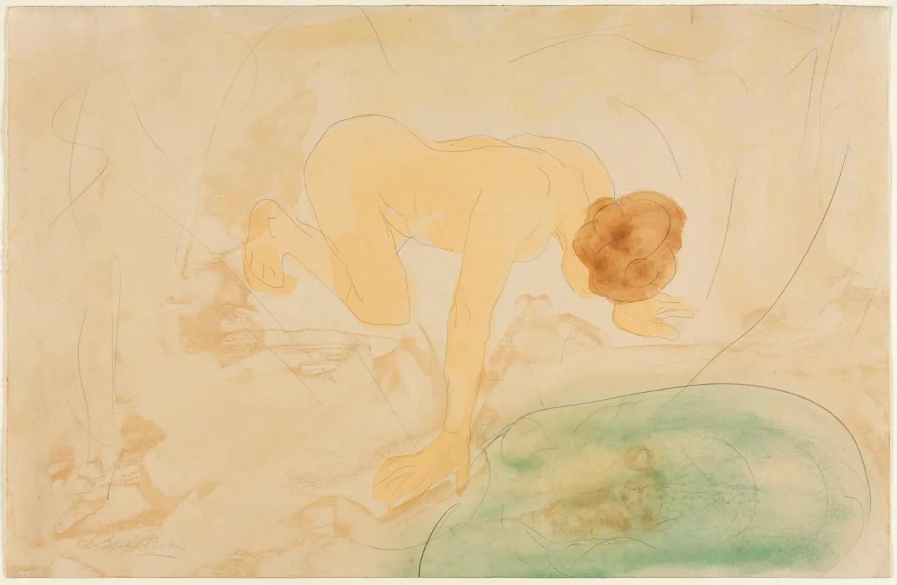 Aquarell in gelblichen Tönen: eine nackte Gestalt kniet vorgebeugt am Rand einer grün getönten Wasserfläche, das Gesicht abgewandt und nach unten gerichtet.