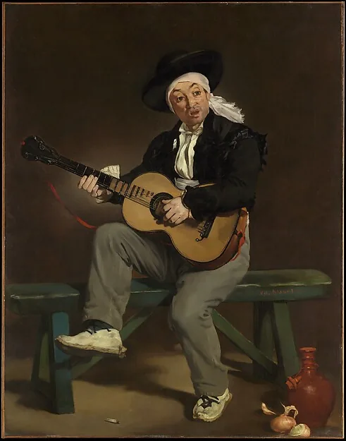 Gemälde: ein Mann mit breitkrempigem schwarzem Hut und weißem Kopftuch sitzt auf einer grünen Bank und spielt Gitarre, den Mund zum Singen geöffnet. Er trägt eine dunkle Jacke und graue Hosen; am Boden stehen ein rotbrauner Krug und zwei Zwiebeln.