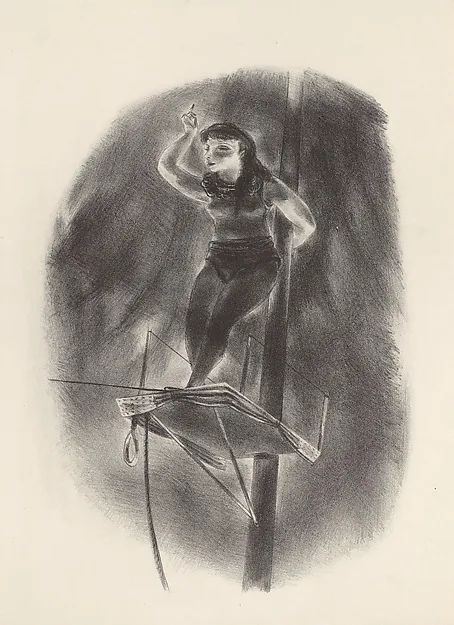 Kohlelithografie: eine Frau in dunklem Trikot steht vor einem senkrechten Mast, einen Arm erhoben, die andere Hand am Mast; unter ihr ein Gerüst mit schräg gespannten Seilen und einer herabhängenden Schlaufe.