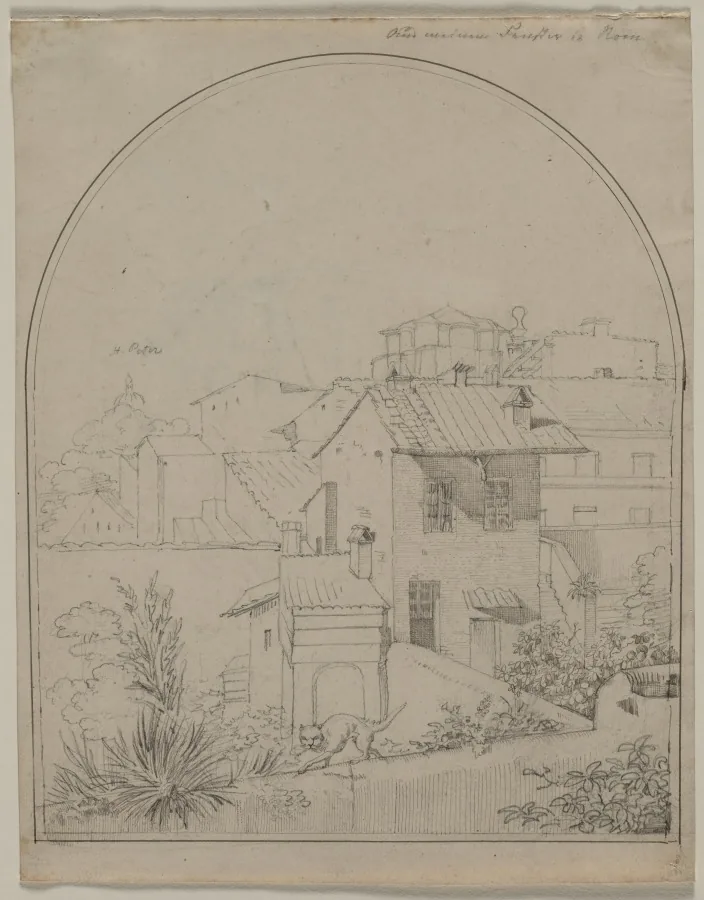 Bleistiftzeichnung mit rundbogigem Abschluss: Blick über Dächer, Schornsteine und Terrassen einer Stadt, im Vordergrund läuft eine Katze zwischen Sträuchern an einem kleinen Anbau vorbei.
