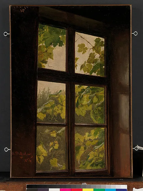 Ölstudie eines dunklen Fensterrahmens mit sechs Scheiben, dahinter Weinlaub vor hellem Himmel; am unteren Bildrand liegt eine Farbkarte der Aufnahme.