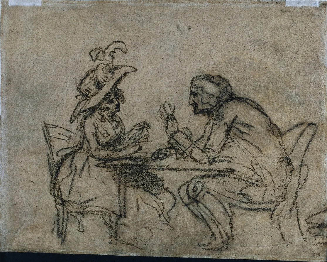Kreidezeichnung auf getöntem Papier: eine Frau mit breitem Federhut und ein Mann sitzen einander an einem kleinen runden Tisch gegenüber, beide halten Karten in den Händen.